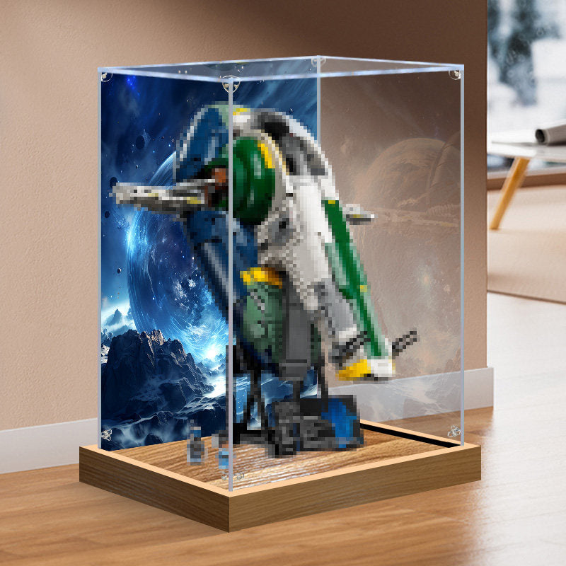 LEGO 75409 Jango Fett's Firespray-Class Starship - UCS Vetrina espositiva in acrilico a specchio con luce ad anello e sfondo stampato UV - Espositore antipolvere