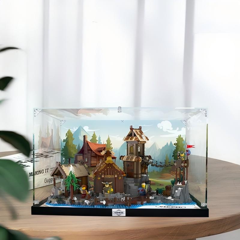 Acrylic Display Case for LEGO 21343 Viking Village, with Themed Printed Background & Dustproof Box