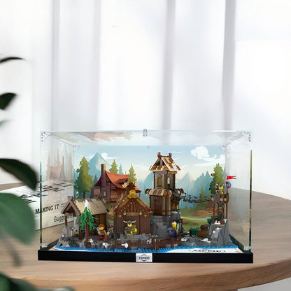 Acrylic Display Case for LEGO 21343 Viking Village, with Themed Printed Background & Dustproof Box