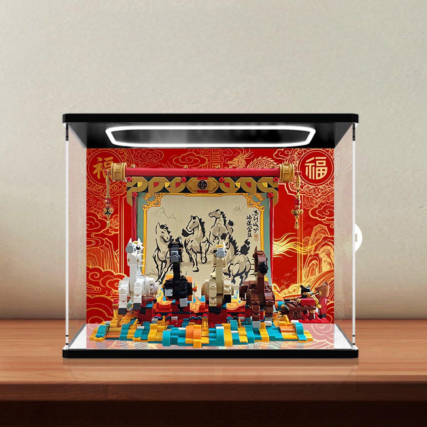 LEGO 80119 Mirror Acrylic Display Case with Ring Light & UV-Printed Background - Dustproof Showcase