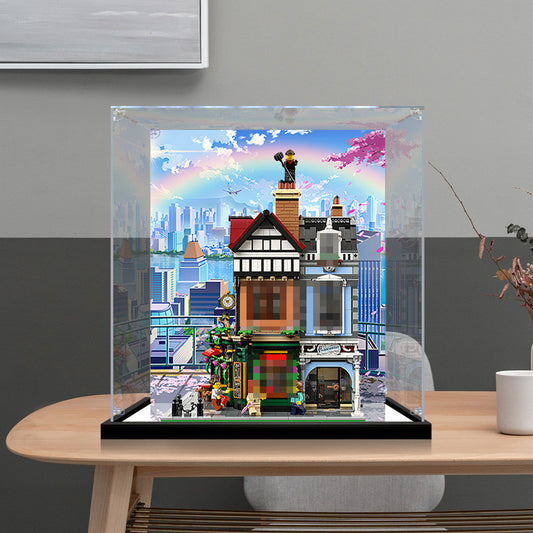 Acrylic Display Case for LEGO 10350 Tudor Corner, with Themed Printed Background & Dustproof Box