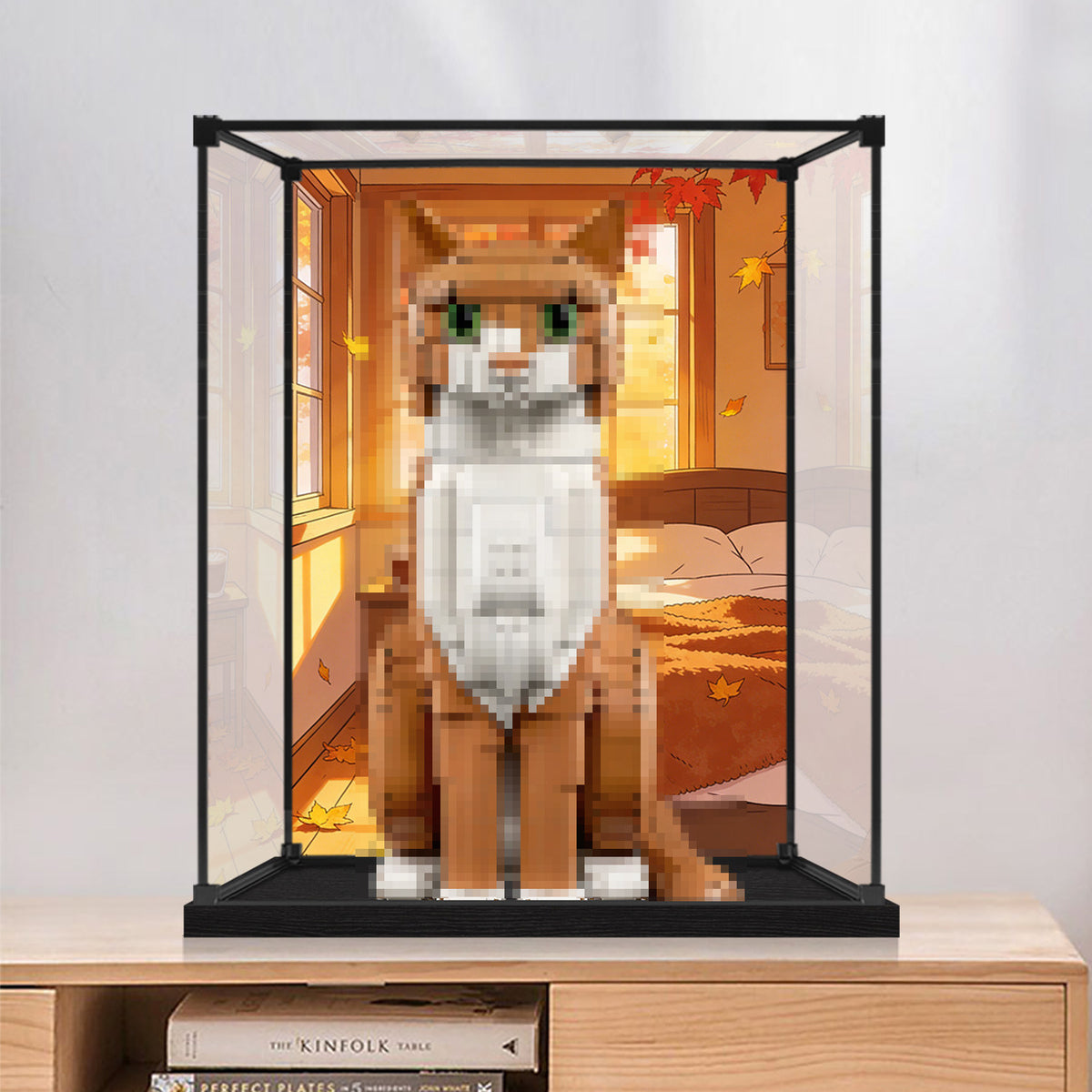 LEGO 21376 Orange Cat Mirror Acrylic Display Case with Ring Light & UV-Printed Background - Dustproof Showcase