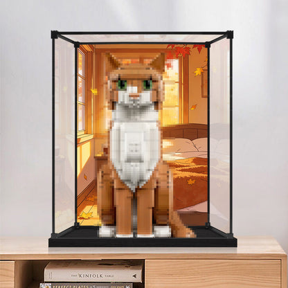 LEGO 21376 Orange Cat Mirror Acrylic Display Case with Ring Light & UV-Printed Background - Dustproof Showcase