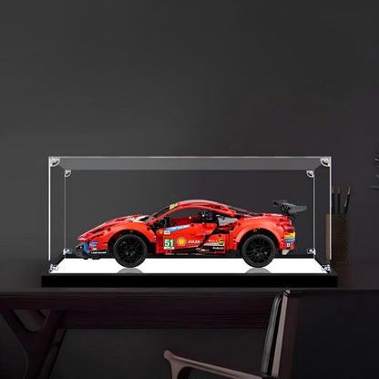 LEGO 42125 Ferrari 488 GTE “AF Corse #51” Spejl Akryl Display Etui med Ringlys & UV-printet Baggrund - Støvtæt Vitrine