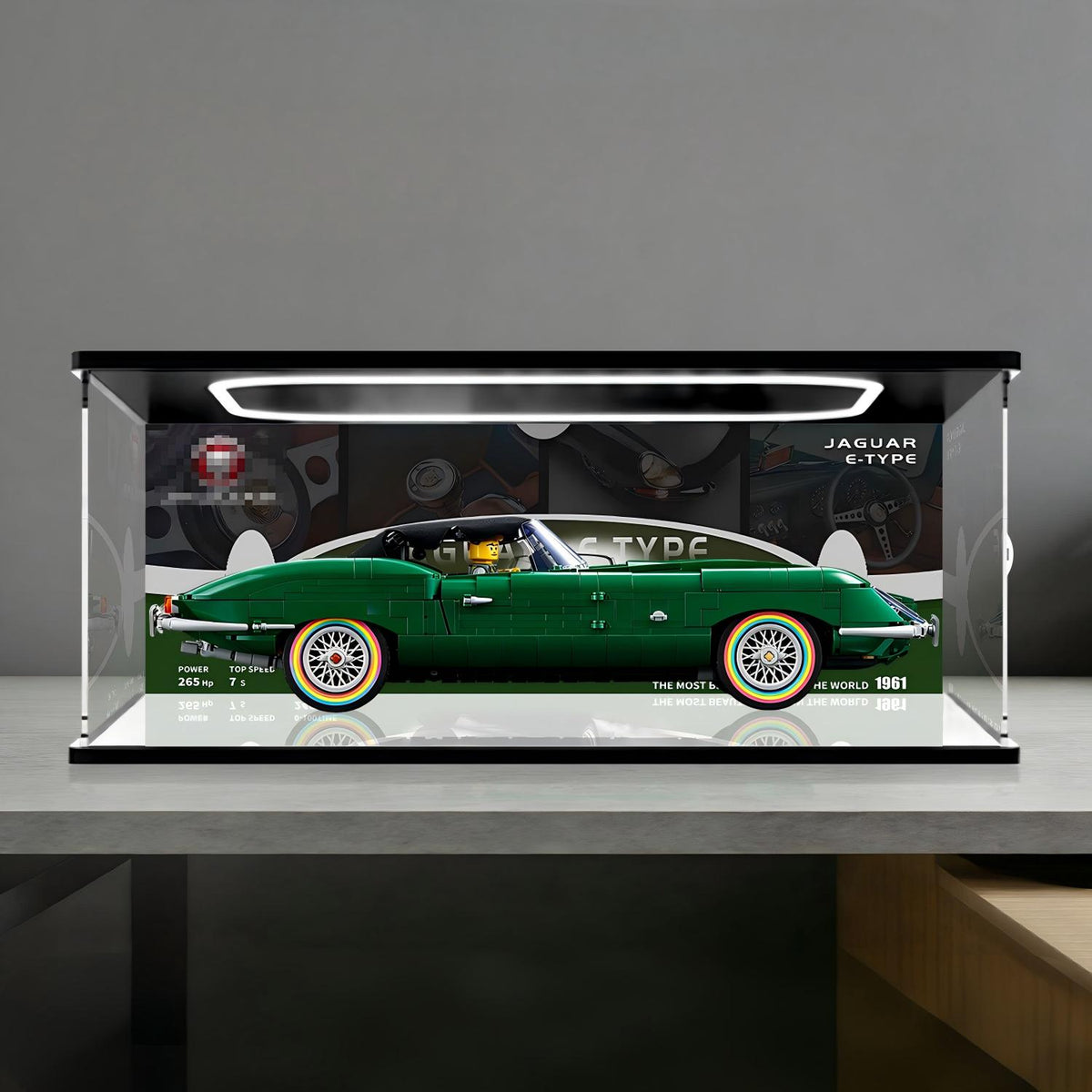 LEGO 11381 Jaguar E-Type Mirror Display Case with Ring Light and Themed Background
