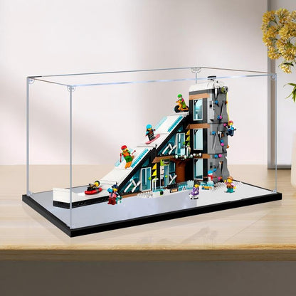 LEGO 60366 滑雪和攀岩中心亚克力展示盒，带环形灯和UV印刷背景 - 防尘展示柜