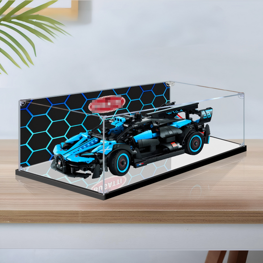 Acrylic Display Case for LEGO 42162 Bugatti Bolide Agile Blue, with Themed Printed Background & Dustproof Box