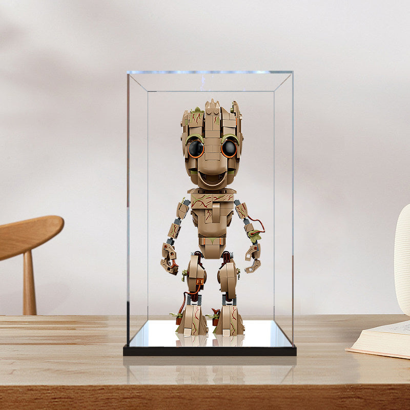 LEGO 76217 I am Groot Vitrina Acrílica con Espejo y Luz de Anillo y Fondo Impreso UV - Exhibidor a Prueba de Polvo