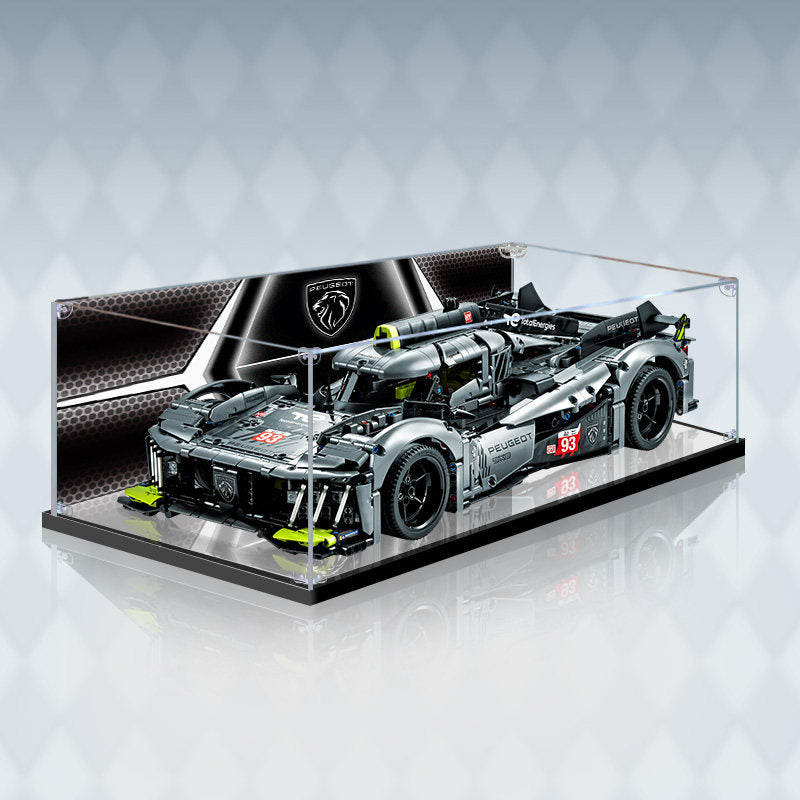 Professional Acrylic Display Case for LEGO 42156 PEUGEOT 9X8 Hypercar, with Themed UV Printing Background & Dustproof Box