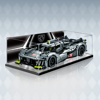 Professional Acrylic Display Case for LEGO 42156 PEUGEOT 9X8 Hypercar, with Themed UV Printing Background & Dustproof Box