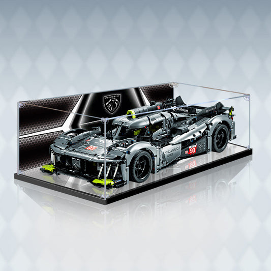 Professional Acrylic Display Case for LEGO 42156 PEUGEOT 9X8 Hypercar, with Themed UV Printing Background & Dustproof Box