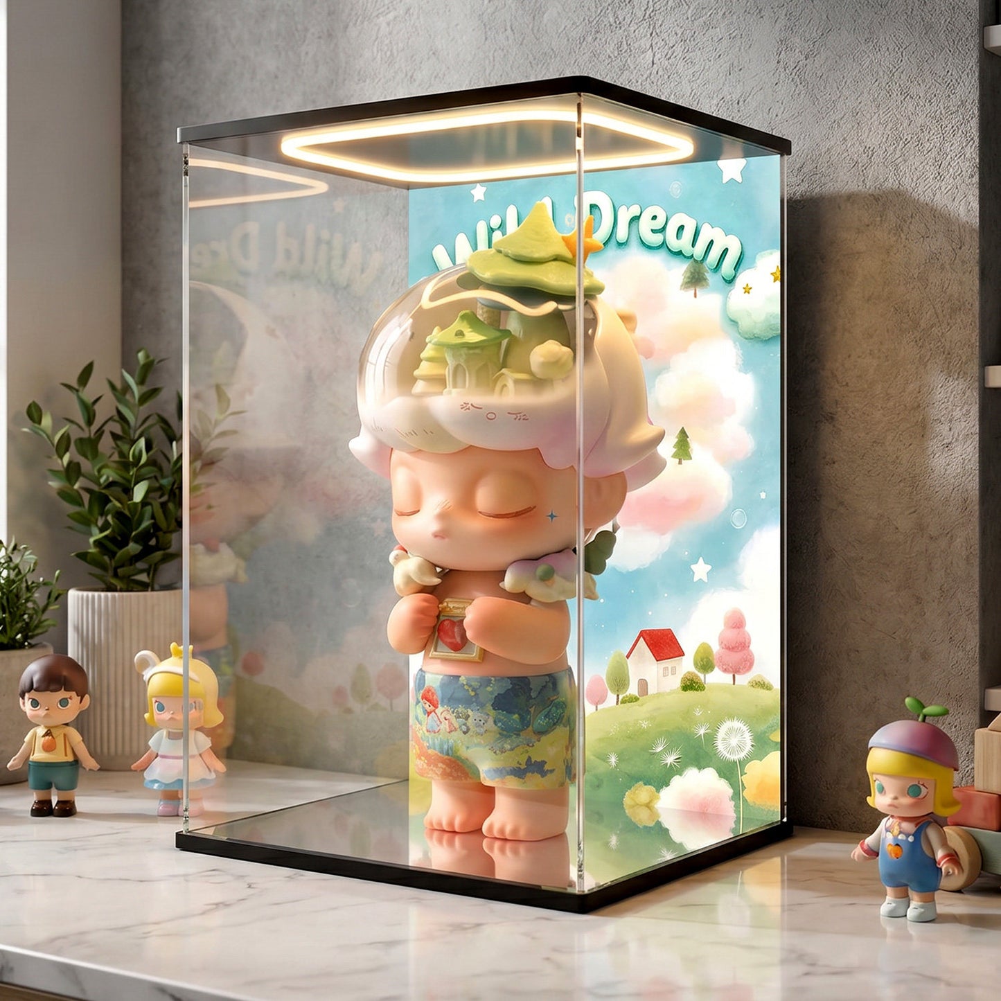 Pop Mart Hirono Wild Dream Mirror Acrylic Display Case with Ring Light & UV-Printed Background - Dustproof Showcase