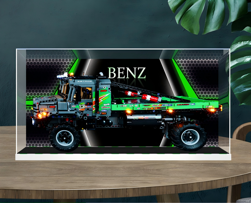 Acrylic Display Case for LEGO 42129 4x4 Mercedes-Benz Zetros Trial Truck, with Themed Printed Background & Dustproof Box