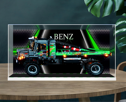 Acrylic Display Case for LEGO 42129 4x4 Mercedes-Benz Zetros Trial Truck, with Themed Printed Background & Dustproof Box