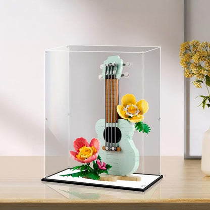 LEGO 31156 Custodia Espositiva Tropical Ukulele in Acrilico con Specchio, Anello Luminoso e Sfondo Stampato UV - Vetrina Antipolvere