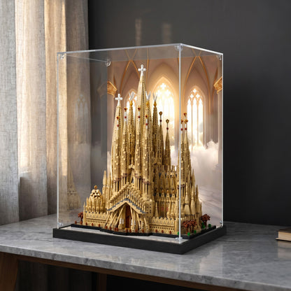LEGO 21065 Sagrada Família Mirror Acrylic Display Case with Ring Light & UV-Printed Background - Dustproof Showcase
