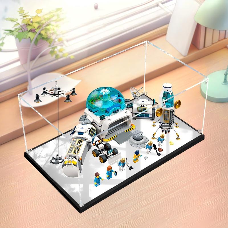 LEGO 60350 Base di Ricerca Lunare Vetrina Acrilica con Specchio, Anello Luminoso e Sfondo Stampato UV - Espositore Antipolvere