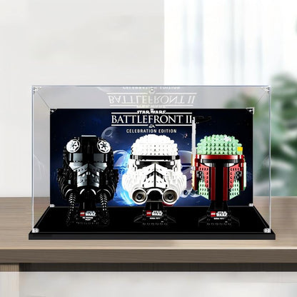 Acrylic Display Case for LEGO Star Wars Helmets (75274, 75276, 75277), with Themed Printed Background & Dustproof Box