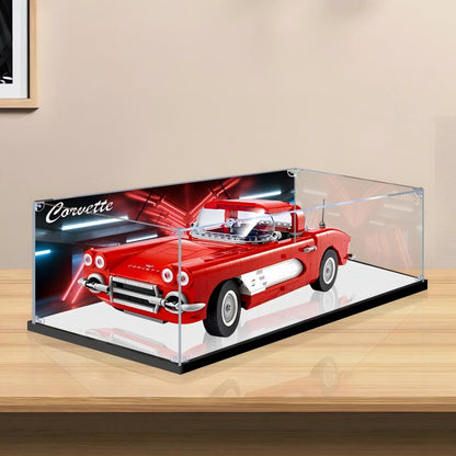 Professional Acrylic Display Case for LEGO 10321 Chevrolet Corvette, with Themed UV Printing Background & Dustproof Box