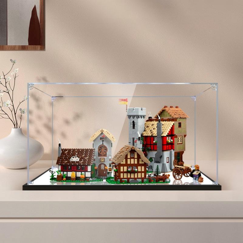 LEGO 10332 Medieval Town Square Mirror Acrylic Display Case with Ring Light & UV-Printed Background - Dustproof Showcase