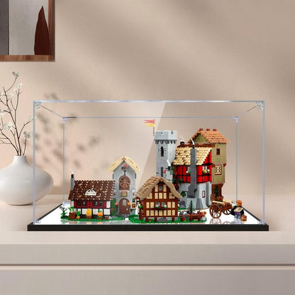 LEGO 10332 Medieval Town Square Mirror Acrylic Display Case with Ring Light & UV-Printed Background - Dustproof Showcase