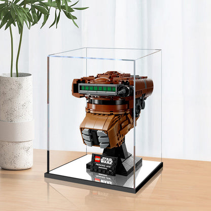 LEGO 75351 Capacete Princess Leia (Boushh) Caixa de Exibição Acrílica com Espelho com Luz de Anel e Fundo Impresso em UV - Vitrine à Prova de Poeira