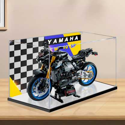 Acrylic Display Case for LEGO 42159 Yamaha MT-10 SP, with Themed Printed Background & Dustproof Box - Scoparius case