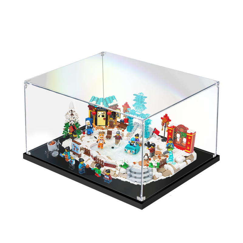 Acrylic Display Case for LEGO 80109 Lunar New Year Ice Festival, with Themed Printed Background & Dustproof Box