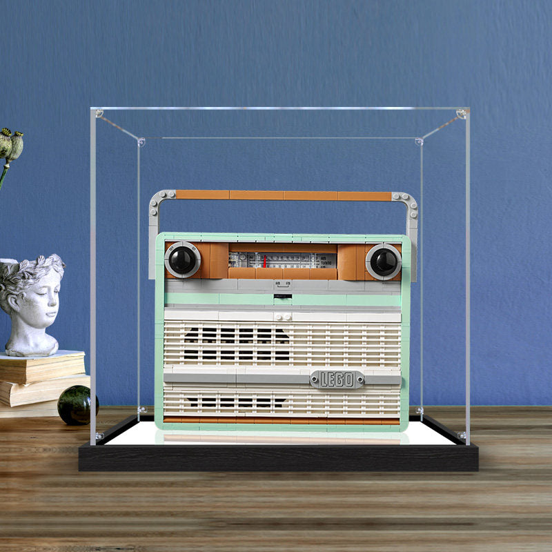 LEGO 10334 Retro Radio Mirror Acrylic Display Case with Ring Light & UV-Printed Background - Dustproof Showcase