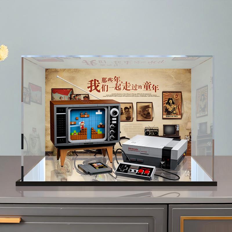 Acrylic Display Case for LEGO 71374 Nintendo Entertainment System, with Themed Printed Background & Dustproof Box