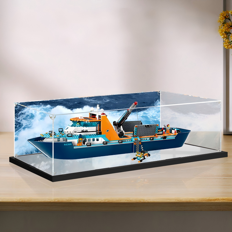 Acrylic Display Case for LEGO 60368 Arctic Explorer Ship, with Themed Printed Background & Dustproof Box