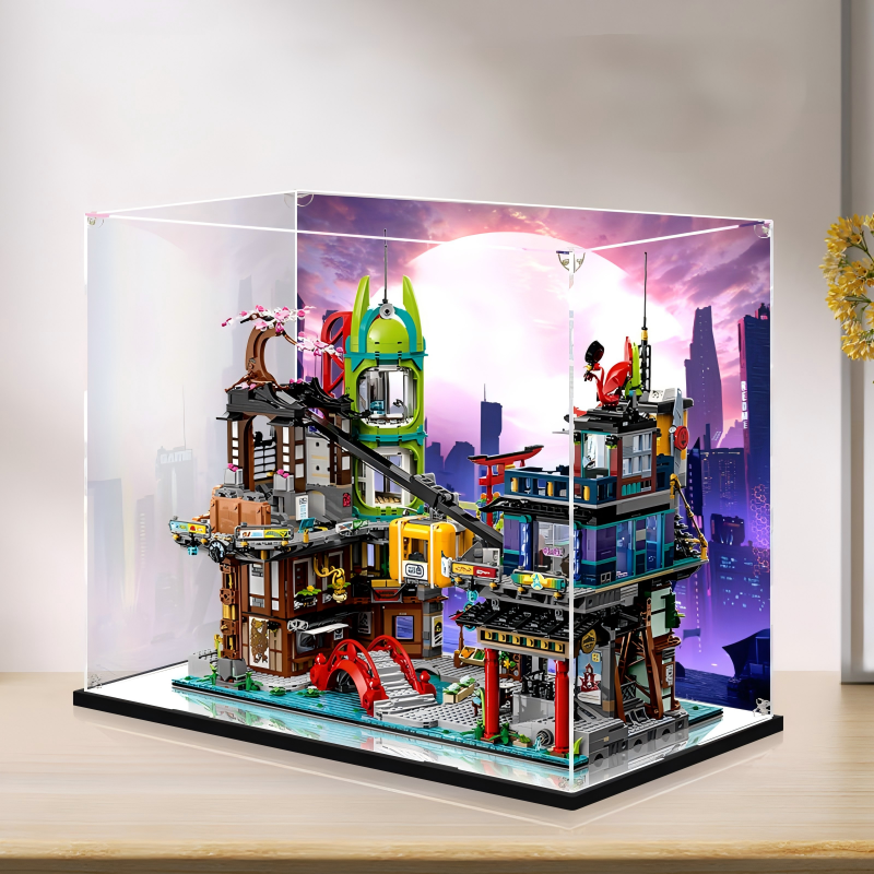 Acrylic Display Case for LEGO 71799 NINJAGO City Markets, with Themed Printed Background & Dustproof Box