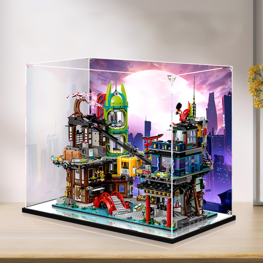 Acrylic Display Case for LEGO 71799 NINJAGO City Markets, with Themed Printed Background & Dustproof Box