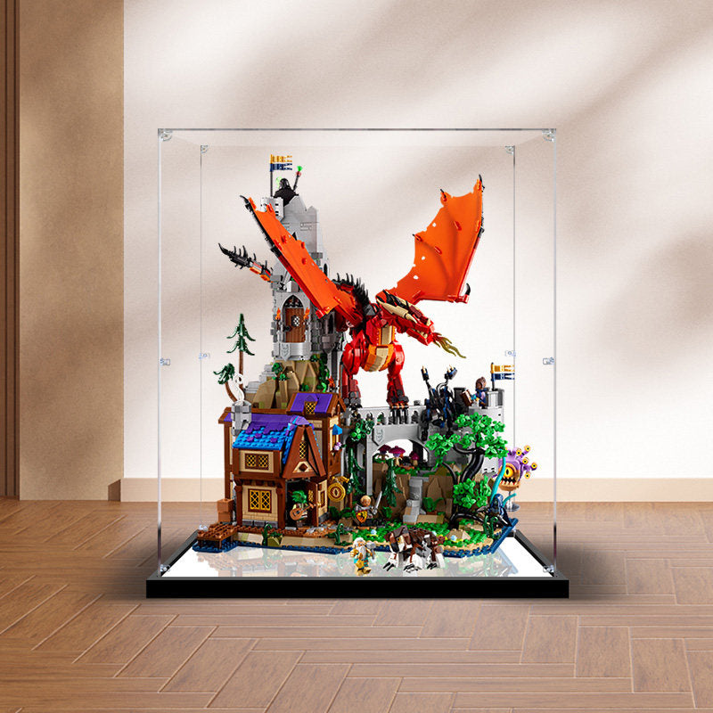 LEGO 21348 Dungeons & Dragons: A Lenda do Dragão Vermelho - Caixa de Exibição de Acrílico Espelhado com Luz de Anel e Fundo Impresso em UV - Vitrine à Prova de Poeira