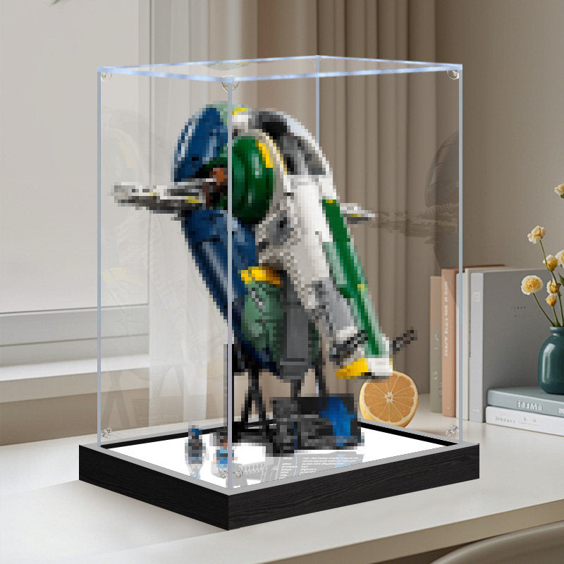 LEGO 75409 Jango Fett's Firespray-Class Starship - UCS Vetrina espositiva in acrilico a specchio con luce ad anello e sfondo stampato UV - Espositore antipolvere