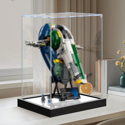 LEGO 75409 Jango Fett's Firespray-Class Starship - UCS Vetrina espositiva in acrilico a specchio con luce ad anello e sfondo stampato UV - Espositore antipolvere