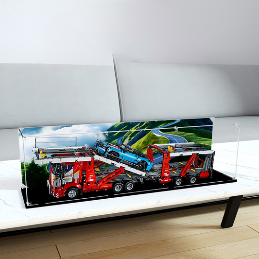 Acrylic Display Case for LEGO 42098 Car Transporter, with Themed Printed Background & Dustproof Box