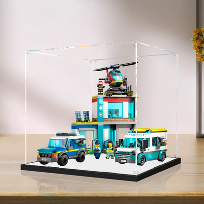 Acrylic Display Case for LEGO 60371 Emergency Vehicles HQ, with Themed Printed Background & Dustproof Box