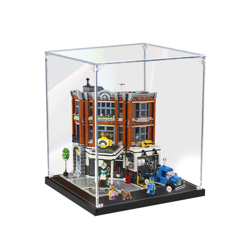Acrylic Display Case for LEGO 10264 Corner Garage, with Themed Printed Background & Dustproof Box
