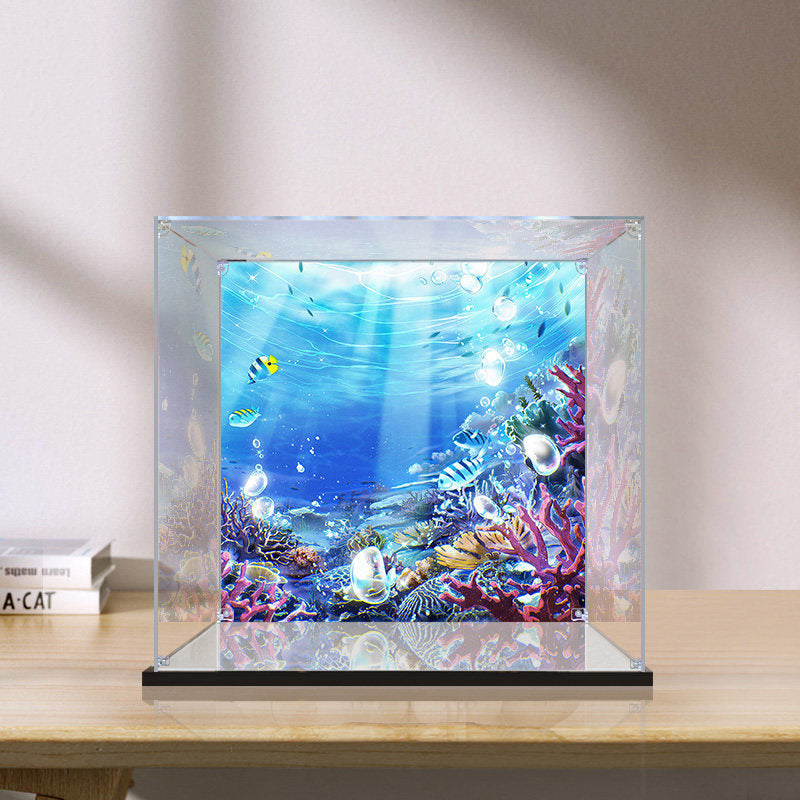 Professional Acrylic Display Case for LEGO 43225 Little Mermaid Royal Clamshell, with Themed UV Printing Background & Dustproof Box