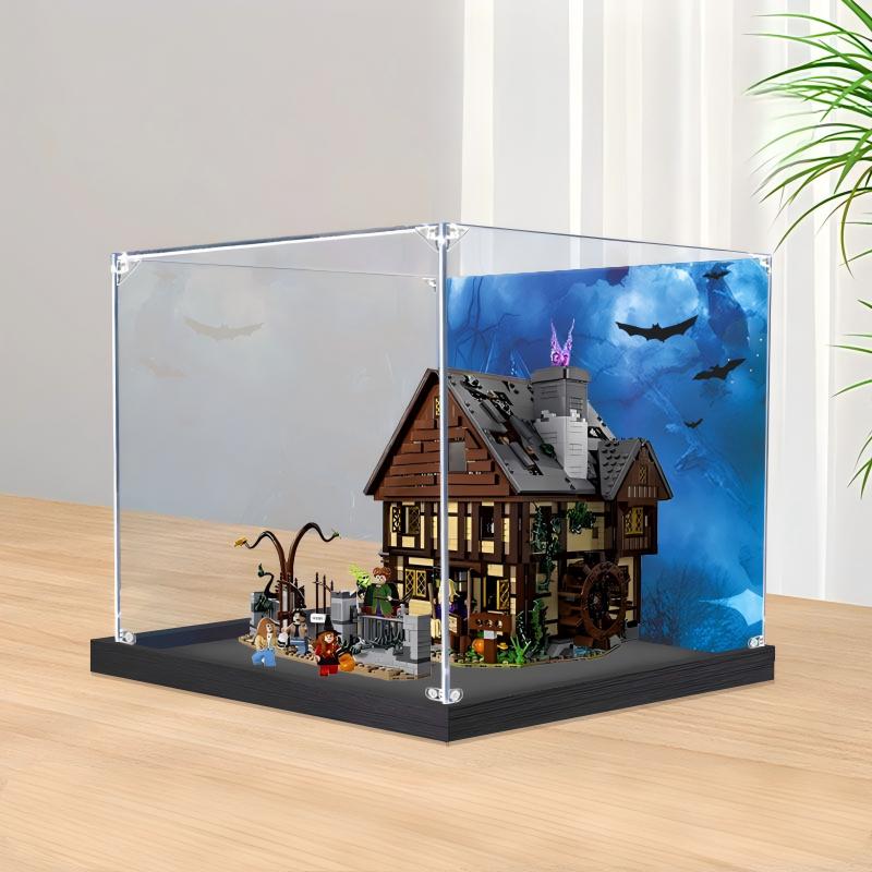 Acrylic Display Case for LEGO 21341 Disney Hocus Pocus: The Sanderson Sisters' Cottage, with Themed Printed Background & Dustproof Box