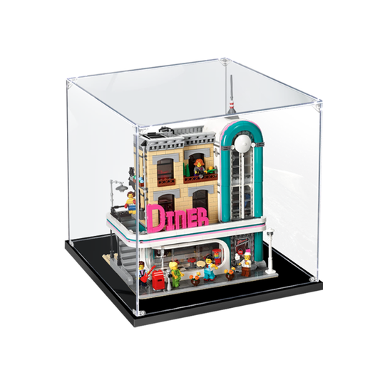 Acrylic Display Case for LEGO 10260 Downtown Diner, with Themed Printed Background & Dustproof Box