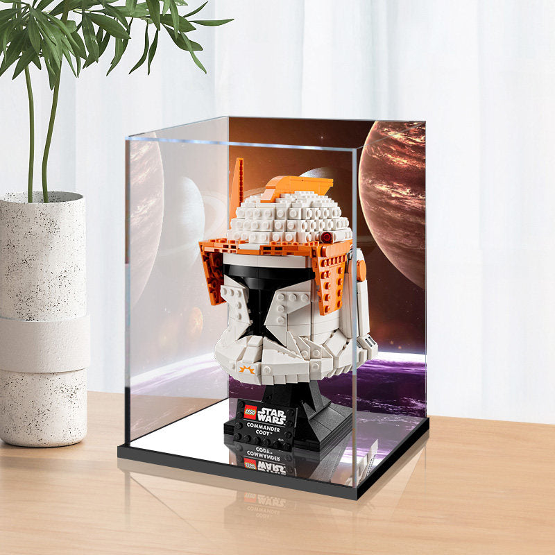 Acrylic Display Case for LEGO 75350 Clone Commander Cody Helmet, with Themed Printed Background & Dustproof Box