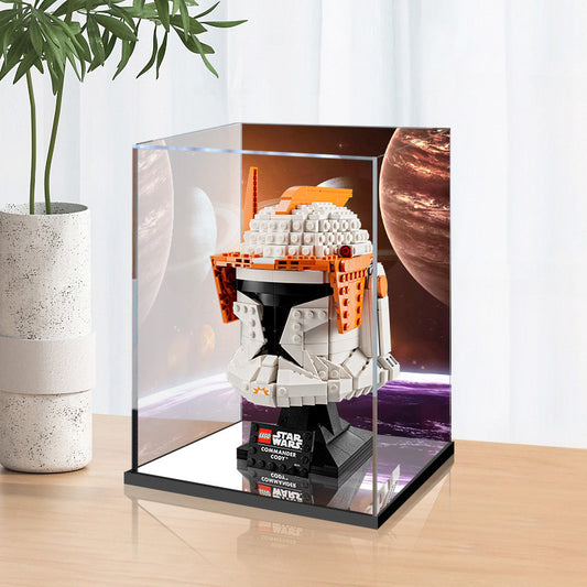 Acrylic Display Case for LEGO 75350 Clone Commander Cody Helmet, with Themed Printed Background & Dustproof Box