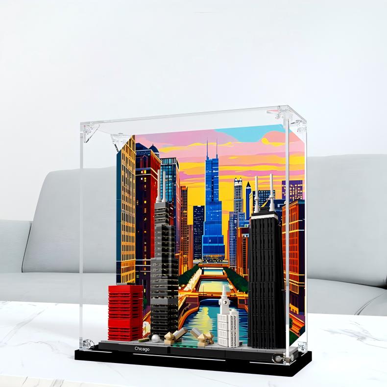 Acrylic Display Case for LEGO 21033 Chicago, with Themed Printed Background & Dustproof Box