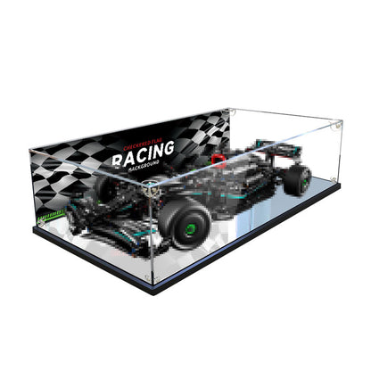 Acrylic Display Case for LEGO 42171 Mercedes-AMG F1 W14 E Performance, with Themed Printed Background & Dustproof Box