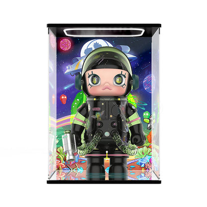 Pop Mart Space Molly Mirror Acrylic Display Case with Ring Light & UV-Printed Background - Dustproof Showcase