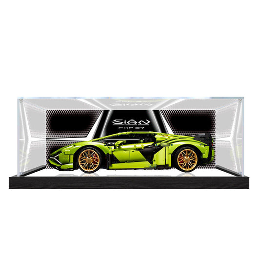 Professional Acrylic Display Case for LEGO 42115 Lamborghini Sián FKP 37, with Themed UV Printing Background & Dustproof Box