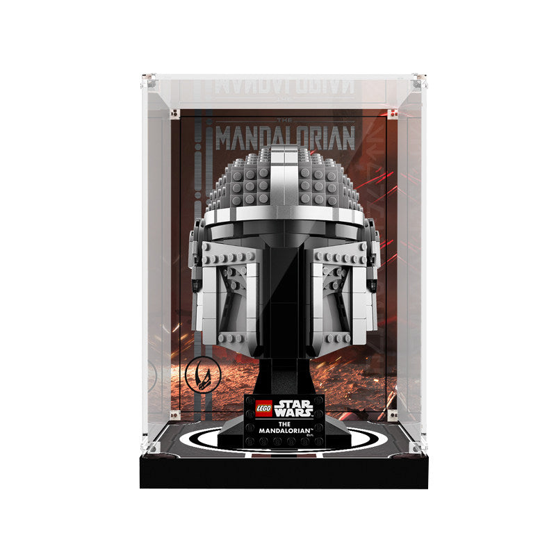 Acrylic Display Case for LEGO 75328 The Mandalorian Helmet, with Themed Printed Background & Dustproof Box
