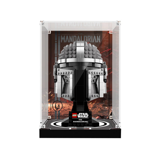 Acrylic Display Case for LEGO 75328 The Mandalorian Helmet, with Themed Printed Background & Dustproof Box